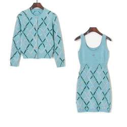 2 Piece Set Women Autumn Contrasting Geometric Rhombus Long-sleeved Knitted Sweater Cardigan + Sleeveless Vest Dress Women's Set