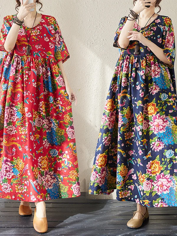 

Loose Cotton Blend Short Sleeve Floral Print Midi Dress for plus Size Women Ethnic Style Loose Fit A-Line Dress Summer Wear