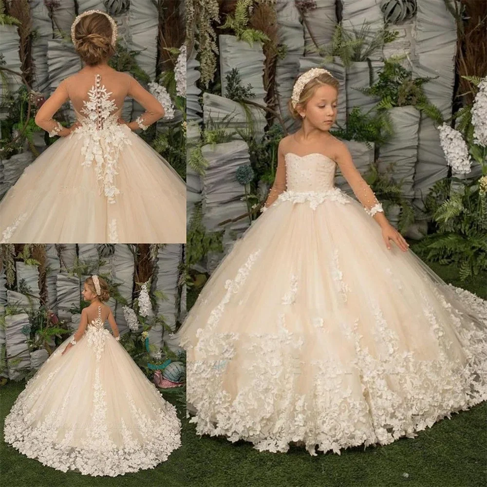 Elegante bebê meninas vestido da menina de flor renda applique crianças vestidos de casamento vestidos de festa crianças roupas de aniversário princesa