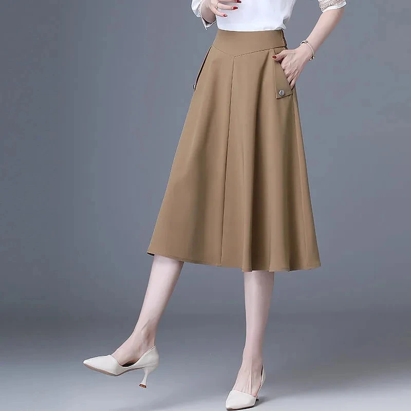 Women Spring Summer Autumn A-line Skirt With Pocket Temperament Elastic Waist Long Black Khaki Skirts 2025 Female Mixi Skirt 4XL