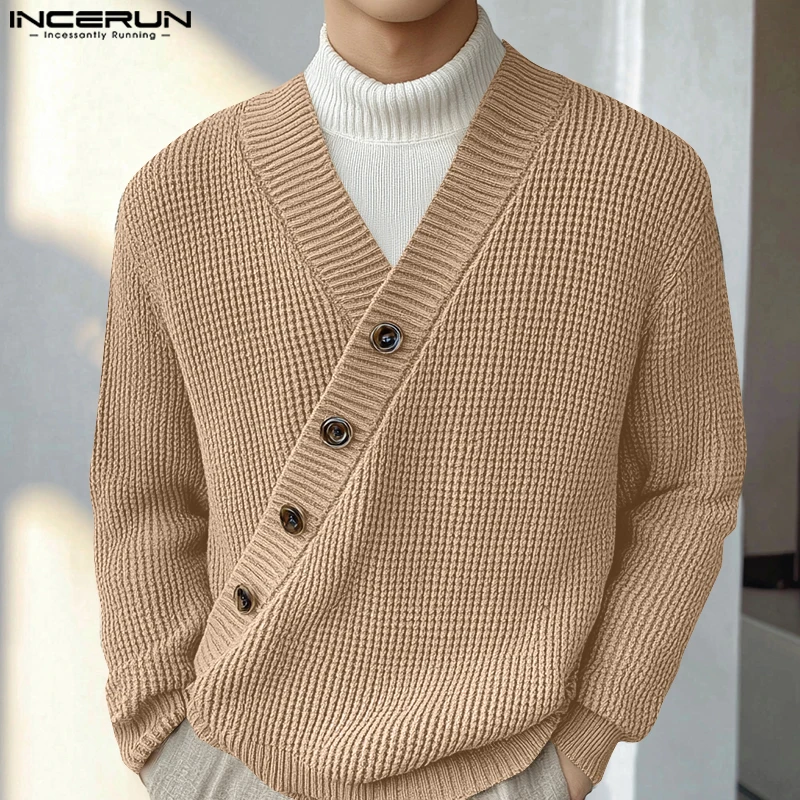 

INCERUN Tops 2024 Korean Style Autumn Mens Hot Sale Texture Diagonal Sweater Casual Streetwear Solid V-neck Long Sleeved Sweater