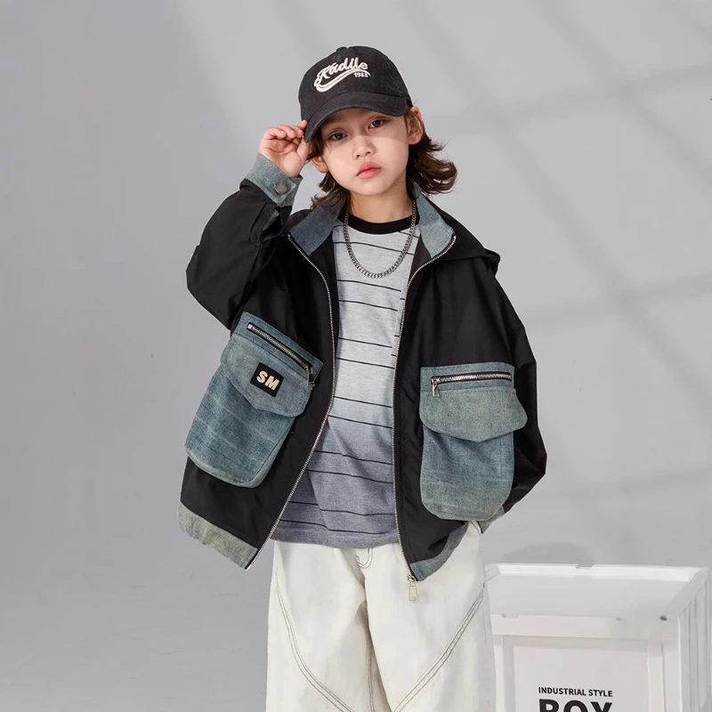 

2025 New Autumn and Winter Mid Size Children's Spliced Large Pocket Handsome Workwear Jacket
