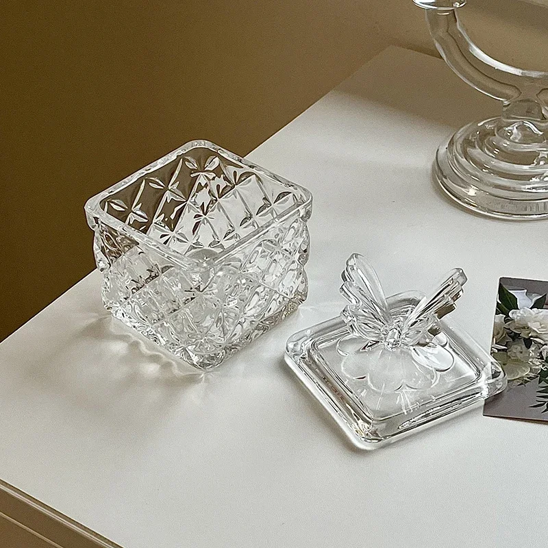 Butterfly Relief Trasnparent Glass Jar with Cover Texture Creative Living Room Household Tableware Sugar Snacks Jars