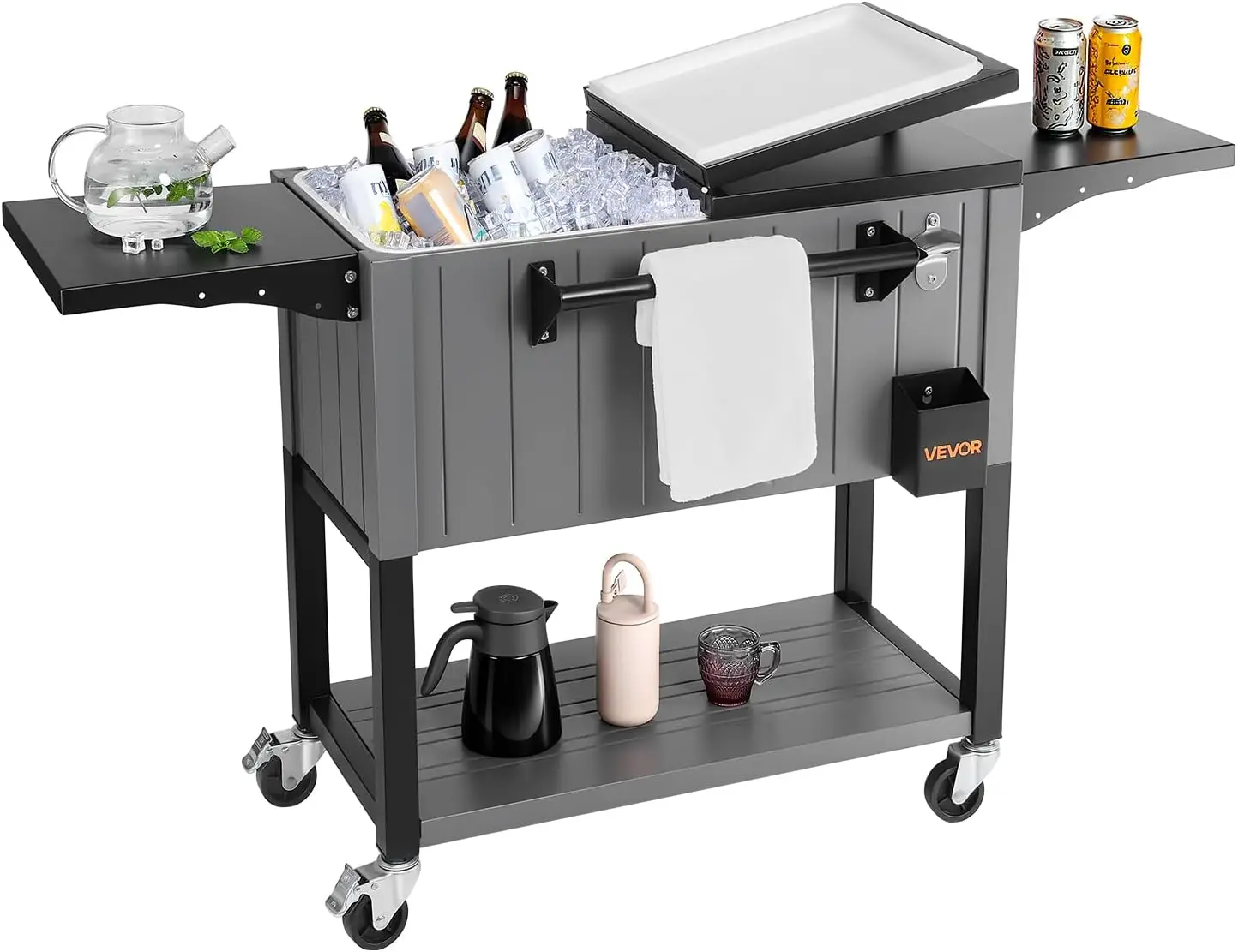 80QT Rolling Ice Chest, Holds up to 50 Bottles / 110 Cans, Portable Patio Party Bar Drink Cooler Cart with Bottom Shelf & Foldab