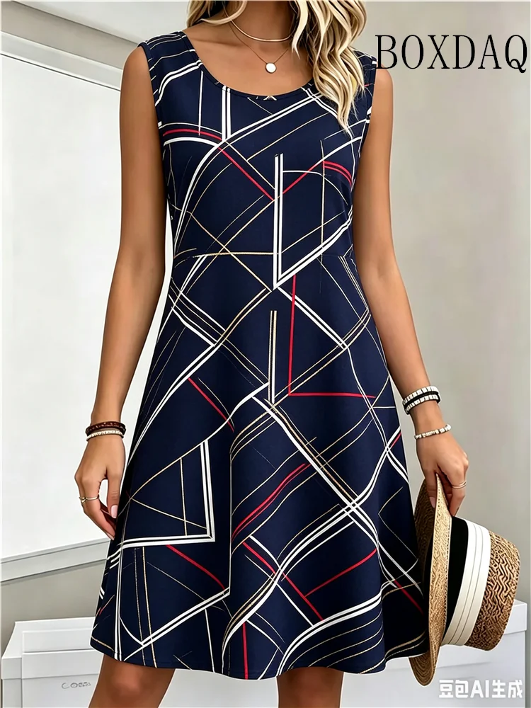 2026 Women's Sleeveless Dress Fashion Geometric Abstract Print Tank Dress Summer Loose  Sundress Beach Party Dresses