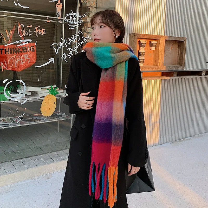 Rainbow Plaid Fashionable Tassel Shawl Blue Pink Plaid Scarf Winter Imitation Cashmere Scarf Cold Resistant Shawl for Women