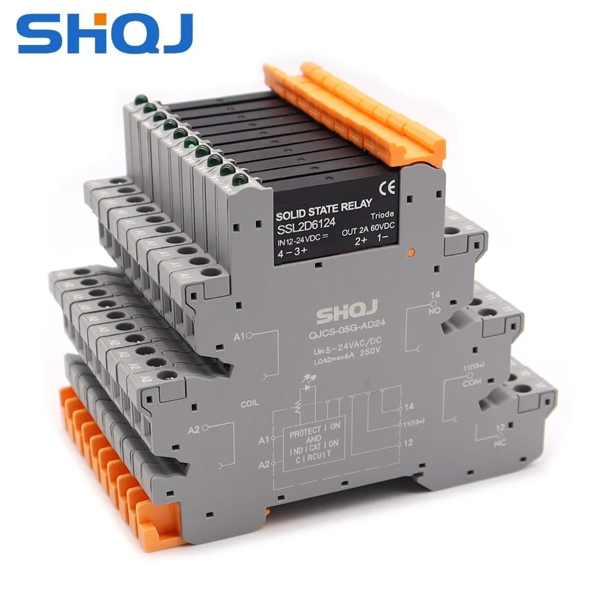 SHQJ DIN Rail Mount Interface SSR Slim Relay, QJCS-05G-AD24 SSR IN 12-24V DC Coil, 2A 6A SPNO DC control DC DC control AC