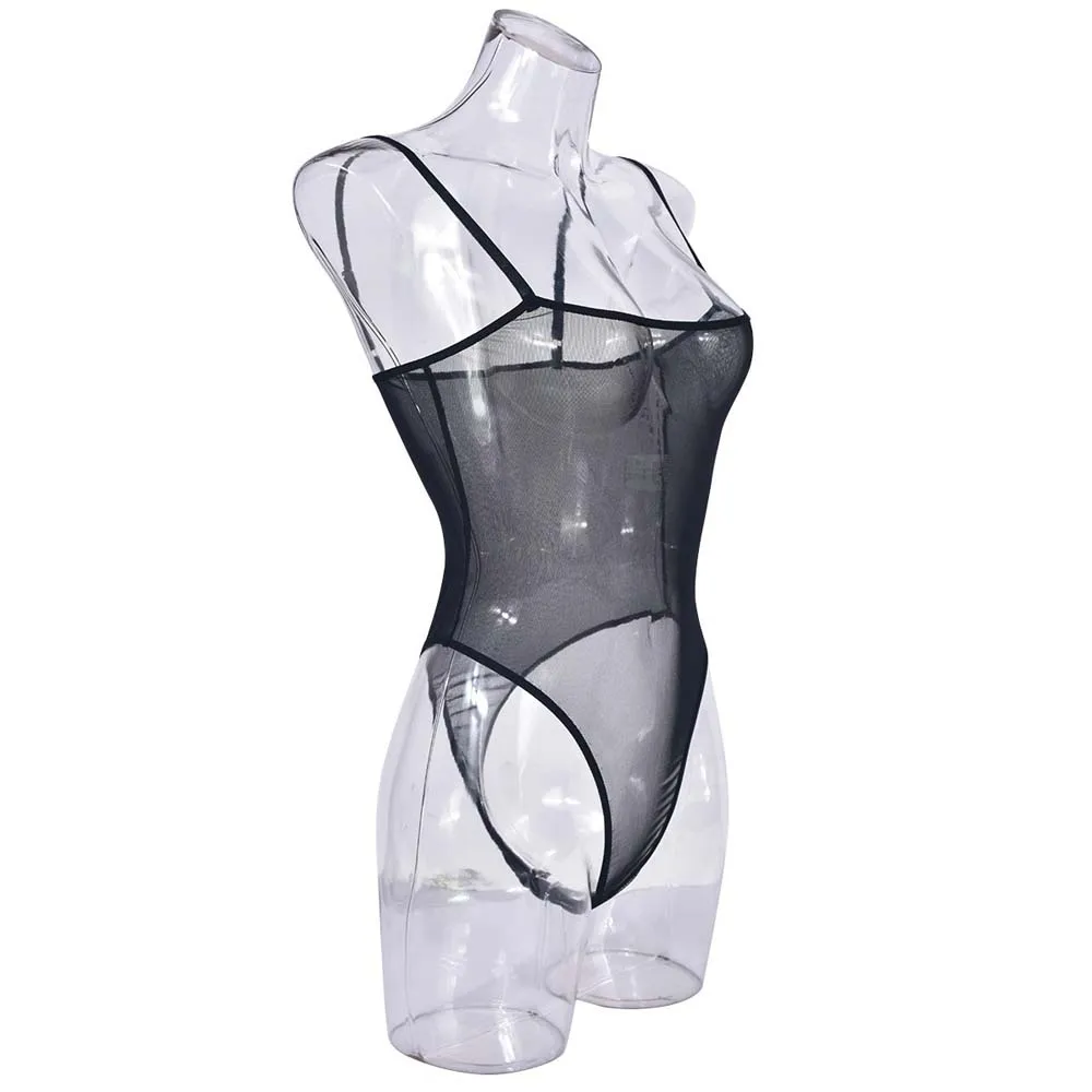 섹시한 메쉬 할로우 메쉬 바디 슈트 매운 소녀 스타일 솔리드 컬러 메쉬 쉬어 점프 슈트 민소매 잠옷 여성 란제리 여성