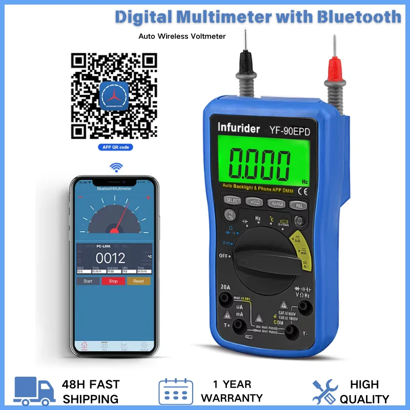 

Цифровой мультиметр с подключением Bluetooth, автоматический беспроводной вольтметр, мультитестер для тока переменного и постоянного тока, частота