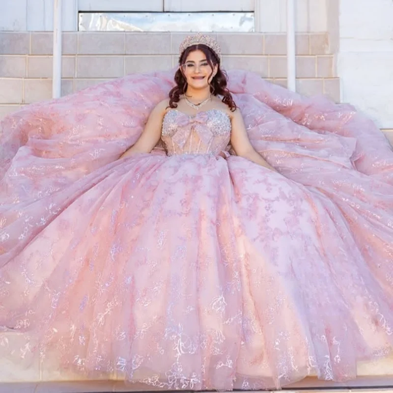 

Customized Shiny Pink Quinceanera Dresses Off the Shoulder crystal applique Lace Long tail flower Bow Vestido 15 Quinceanera