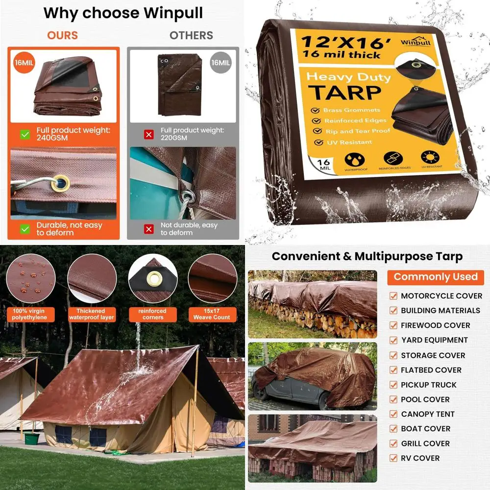 أقمشة قماشية مقاومة للماء شديدة التحمل بطول 16 قدم × 12 قدمًا مع حلقات نحاسية، حواف معززة، حماية من الأشعة فوق البنفسجية للأماكن الخارجية، والتخييم، وحمام السباحة، وCov السيارة