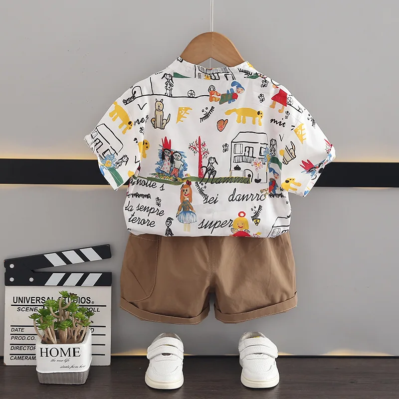 Toddler Boys Outfits Set 2024 New Summer Baby Boy Clothes 1 To 2 Years Leisure Graffiti Letter House Shirts and Shorts Kids Suit