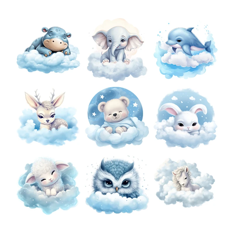 Cloud Animal bear sheep deer Iron On Heat Transfer Sticker For Clothes DTF Pinted Vinyl Thermal Appliques Washable T-Shirt Decal
