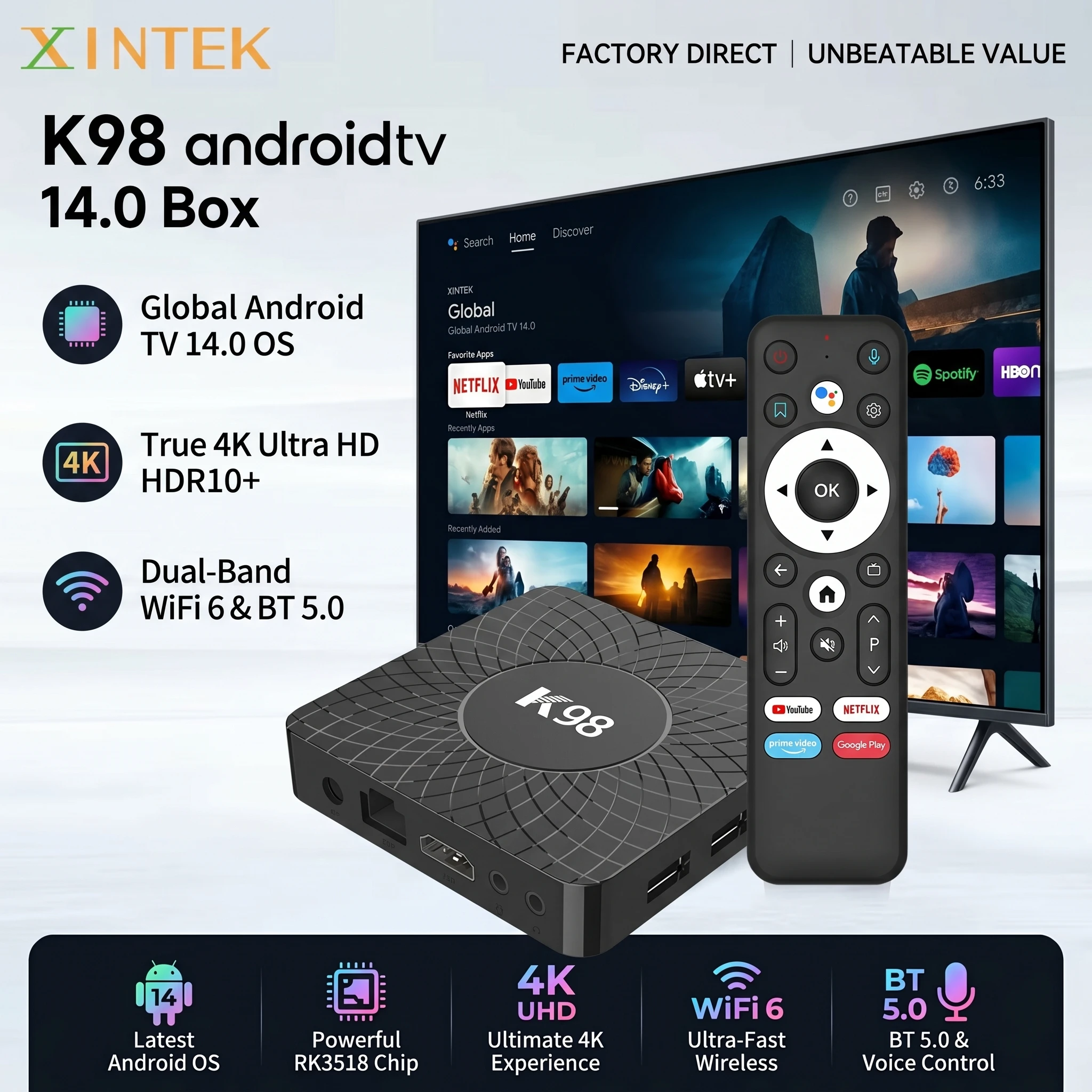 

Android14.0 K98 Smart TV Box 2026 Xlintek TV Stick RK3518 4K HD HDR Dual 5G Wifi BT5.0 Voice Remote Set Top Box for Home Smart