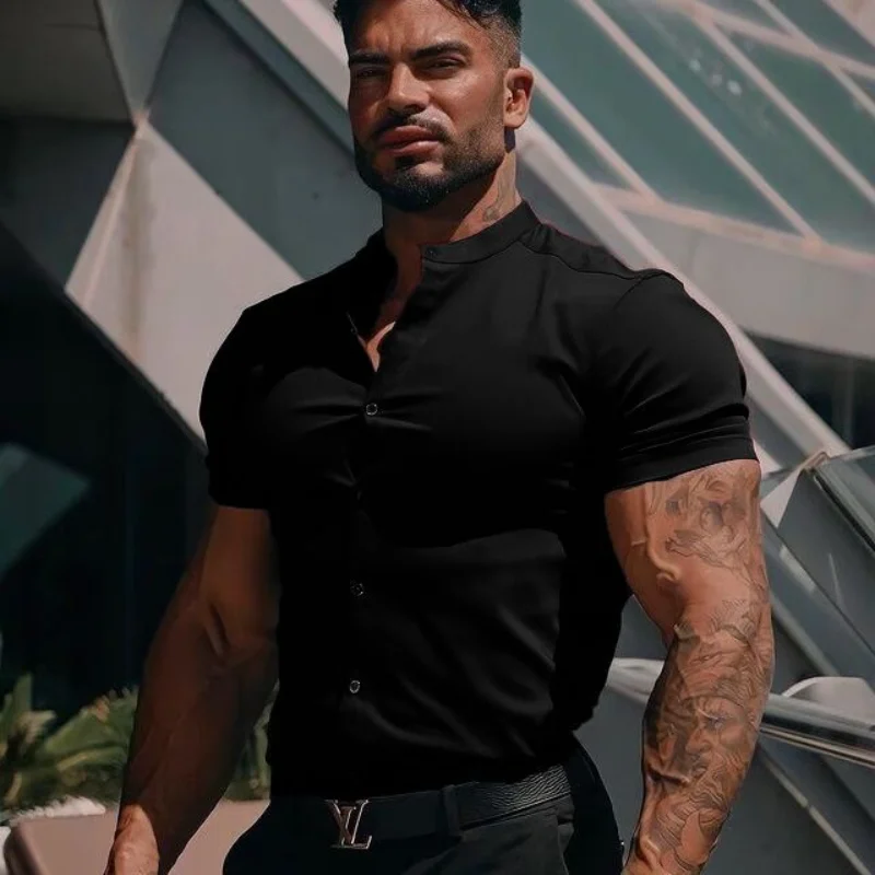 Summer Muscular Man Stand Collar Black Shirt Sports Fitness Elasticity Versatile Slim Fashion Clothing Casual Short Sleeve Tops