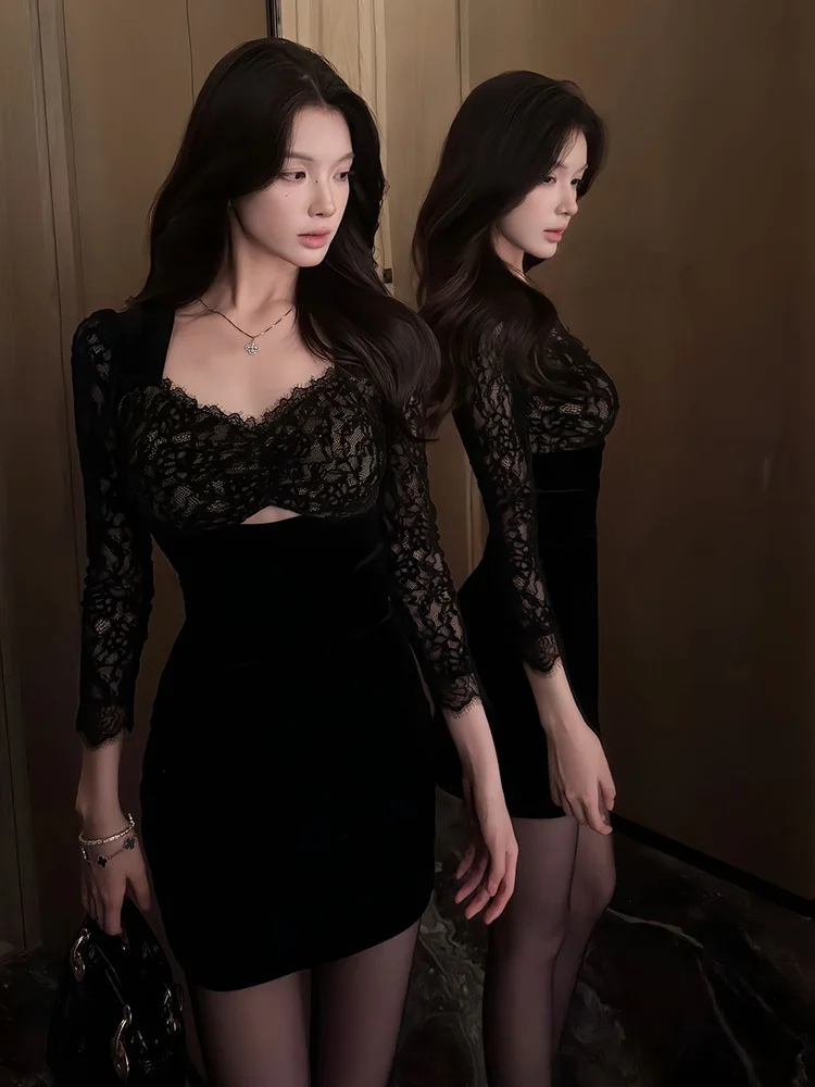 

Sexy Lace Hollow out Dress Women's Bodycon Skirt Spring Summer Fashion Elegant Waist Cinched Long Sleeve V Neck Short Dress