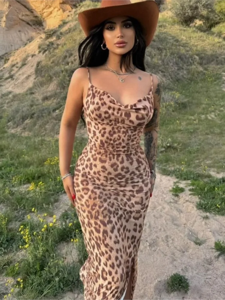 

Trendy Leopard Print Spaghetti Strap Dresses Women Sexy Low Cut Backless Package Hip Slim Slit Dress Streetwear Long Vestidos