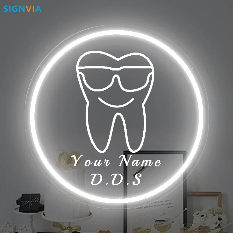 

Custom Neon LED Tooth Sign with Glasses USB-Powered Wall Decor for Dental Parties Personalized Name White Light Circular Decor