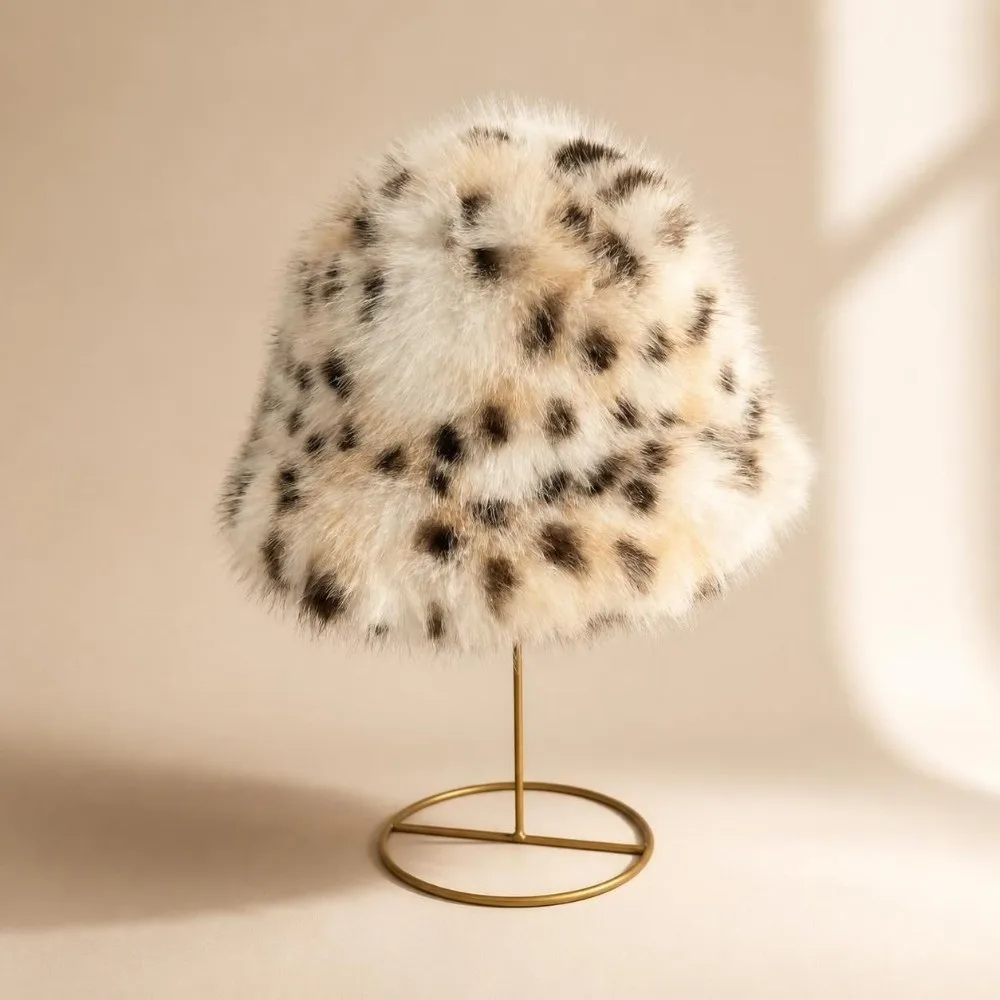 Fluffy Thicken Warm Faux Fur Bucket Hat Leopard Print Imitation Fur Ear Protection Beanie Versatile Scarf Pullover Winter Hat