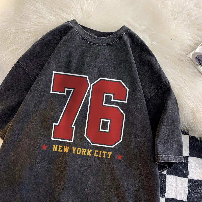 New York City No.76 Letter T-shirt Men American Classic Shirt Cotton Vintage Washed Tee Unisex Flexible Loose T-shirts Men Tiki