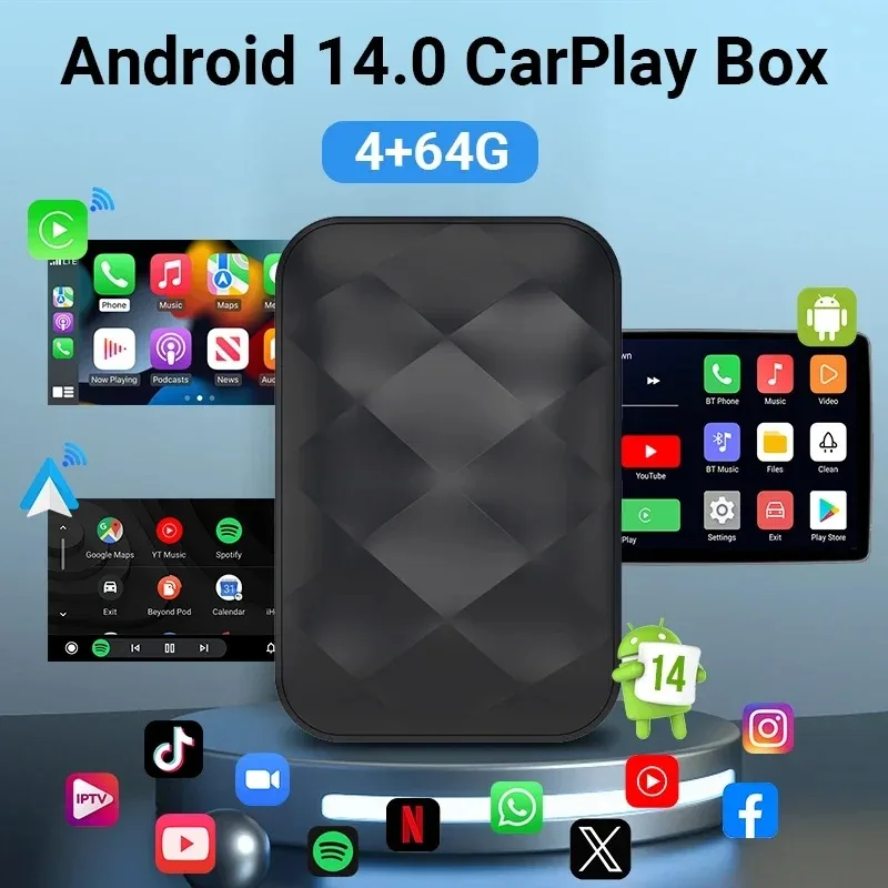 

NewAndroid 14 3в1 CarPlay Ai Box Беспроводной Android Авто USB-адаптер для Youtube Netflix Универсальный ТВ-приставка Plug and Play