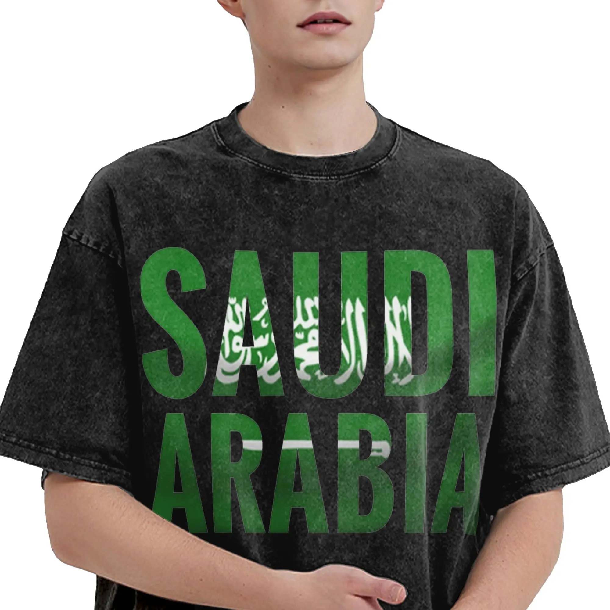 SAUDI ARABIA Flag Saudi national day  T Shirt Hip Hop Washed Short Sleeve Harajuku T-Shirt  Vintage for Men Women Streetwear