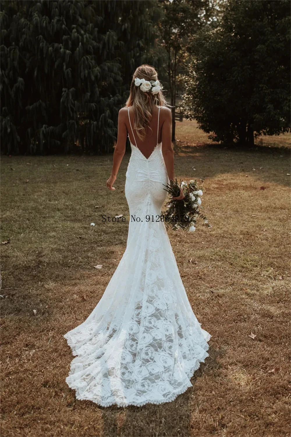 تخصيص السباغيتي حزام الدانتيل حورية البحر فستان الزفاف العميق الخامس الرقبة فستان الزفاف مع قطار طويل ل بوهو العرائس ثوب الزفاف