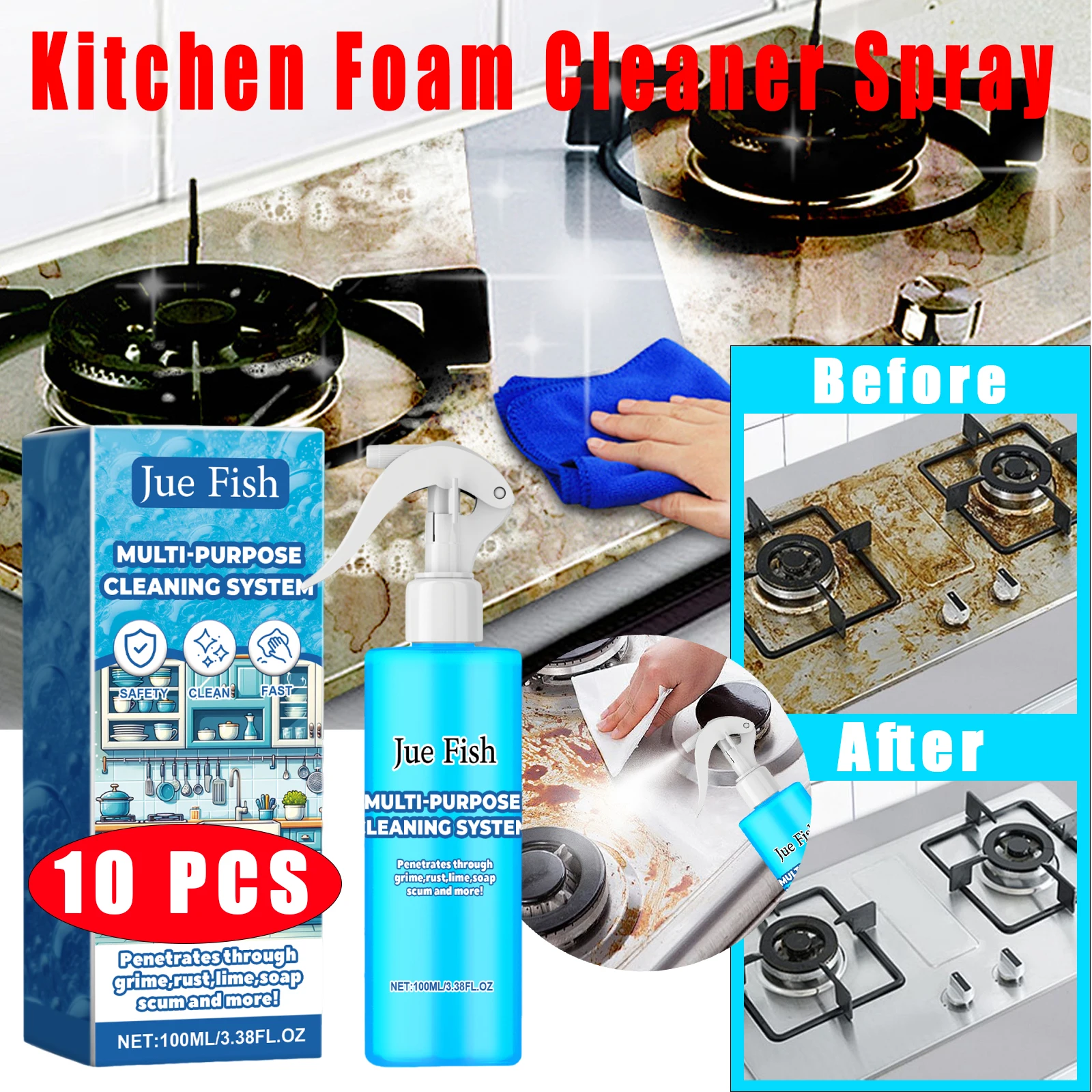 

10pcs Stove Cleaner Spray Powerful Kitchen Heavy Oil Stain Remover Agent Kitchen Ovens Range Hood Cleaning Foam Grease Cleaner