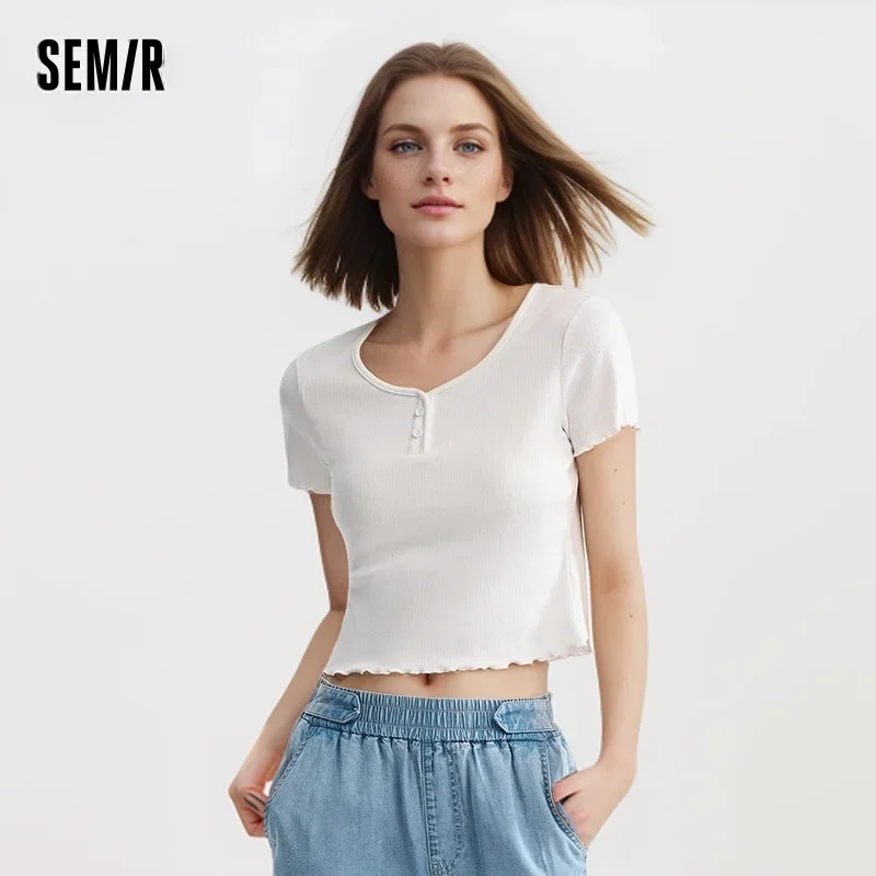 Semir Short-Sleeved T-Shirt For Women Short And Gentle Solid Color With Ruffled Edges New In 2024 Summer Slim Fit Top