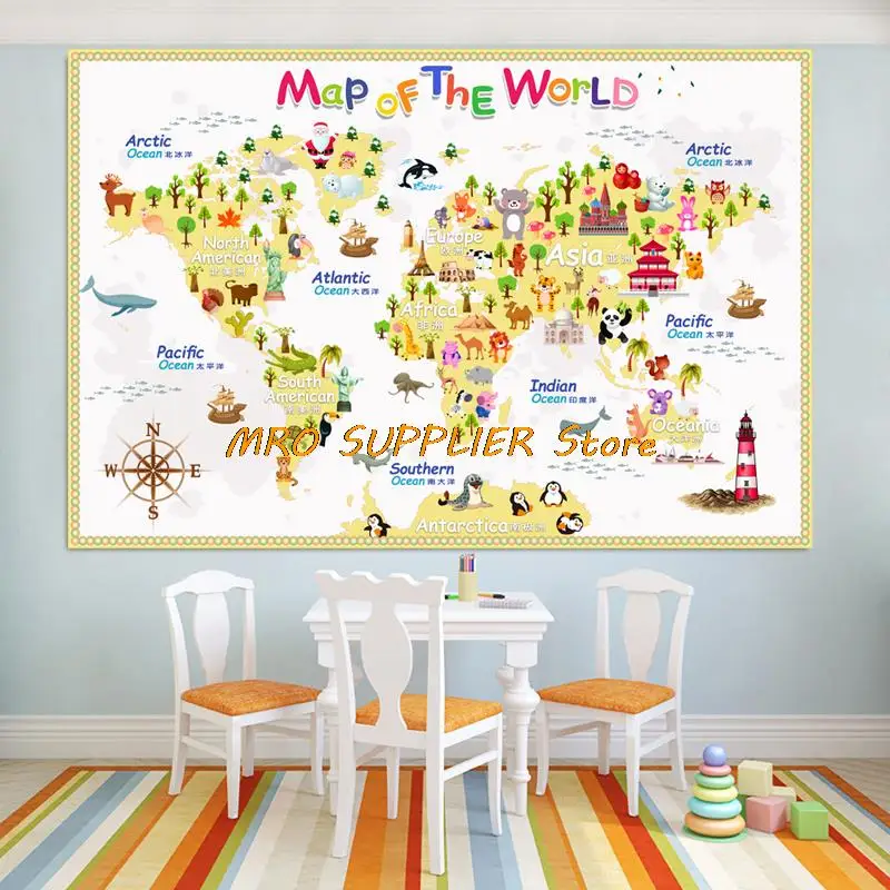 Cartaz amarelo do mapa do mundo, decoração da parede, grande mapa do mundo, mapa de lona impermeável, quarto das crianças, tamanho 140x93cm