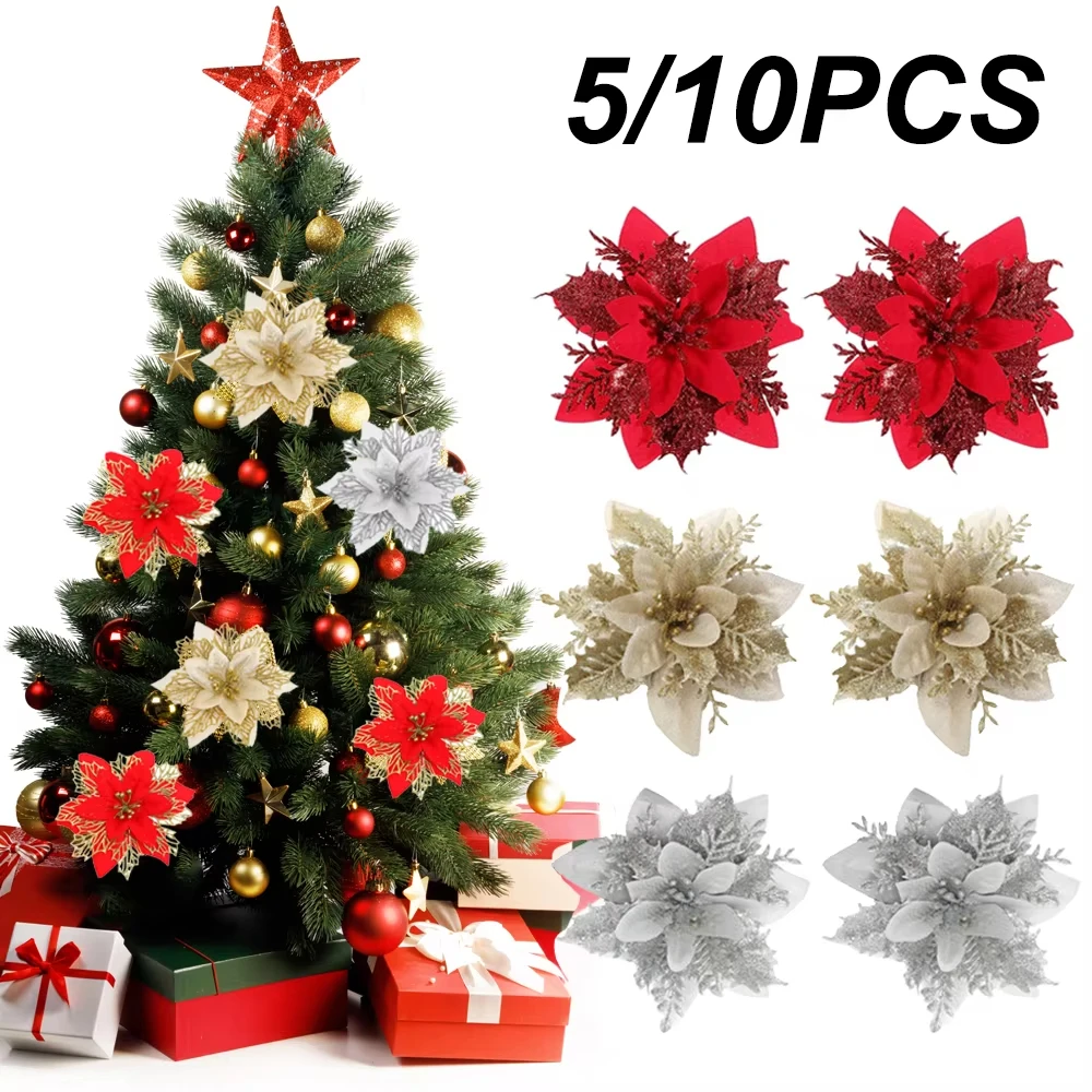 

Christmas Flowers Ornaments for Tree Red Ornaments Glitter Artifical Flowers Christmas Tree Xmas Decoration Home