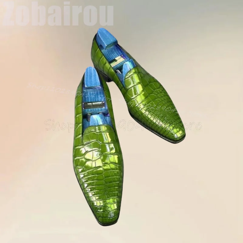 Green Crocodile Print Square Toe Patent Leather Loafers Fashion Slip On Men Shoes Luxury Handmade Party Banquet Men Dress Shoes