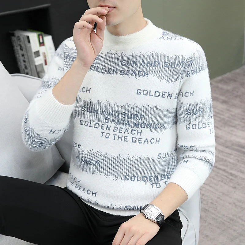 Light Colored Stripes+letter Pattern 2025 Trendy Men's Knitted Sweater Fashionable Autumn/winter O Neck Warm Style Tops