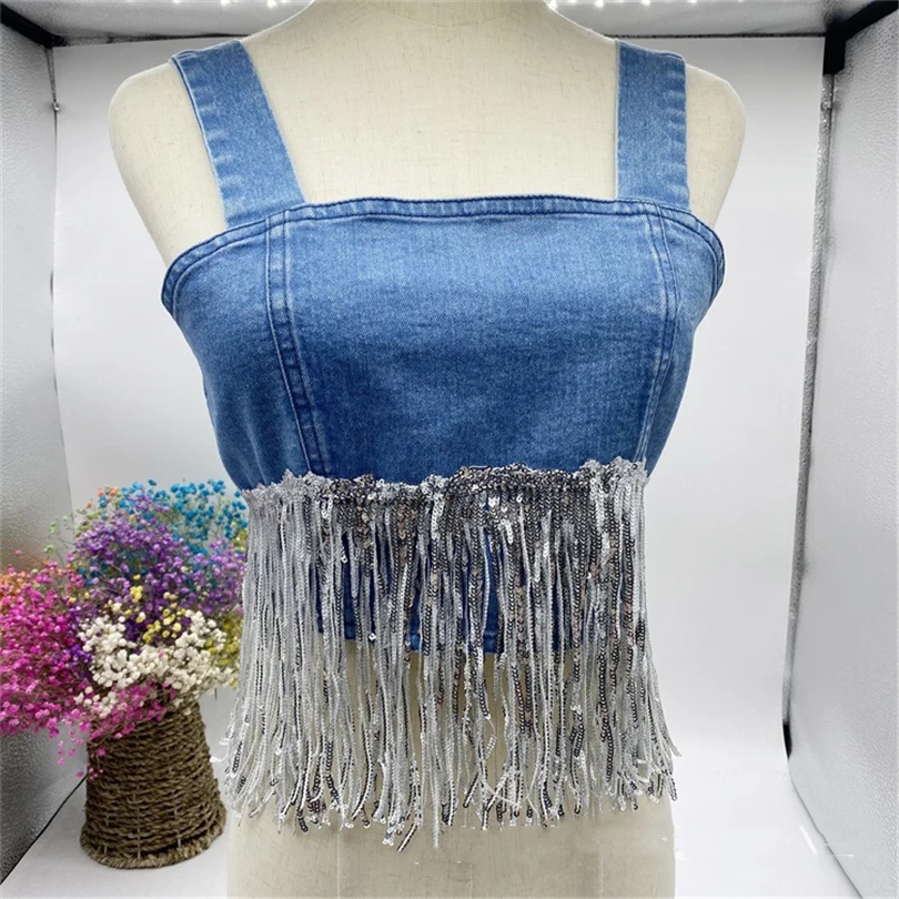 Denim Tanks For Women Sequined Fringed Tassel Camis Sexy Backless Cropped Top Party Wrap Chest Zipper Tube Top Summer Fashion