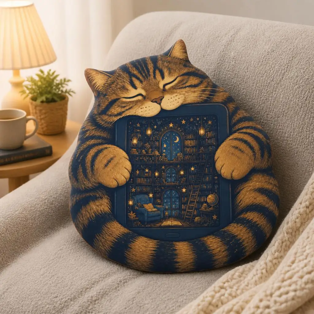 Sleepy Cat Reading Pillow Book Lover Plush Cushion Starry Library E Reader Shaped Stuffed Throw Pillow Cozy Home Decor Gift