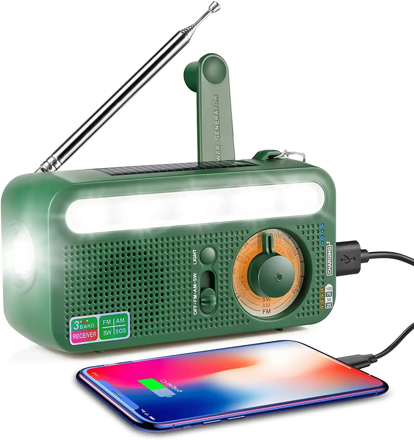 

Solar Hand Crank Power Emergency Rechargeable Portable AM FM SW Radio SOS Alarm With 2000mAh Power Bank Flashlight Reading Lamp