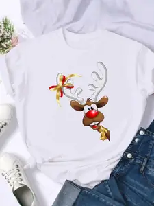 Deer Face Style Trend Women Holiday Clothing Merry Christmas Fashion Female New Year T-shirts Shirt Print T Top Graphic Tee