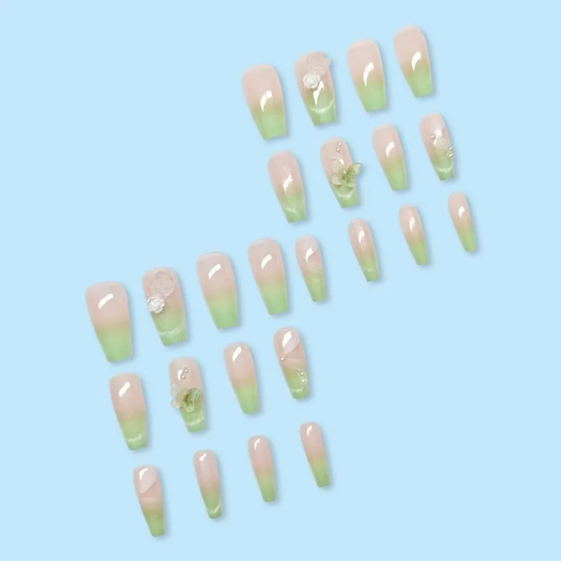 24szt Green Gradient Coffin 3d Butterfly Flower Pearl Cat Eye Long Press on Nail Korean Wear Nail Medium Fake Nails with Design