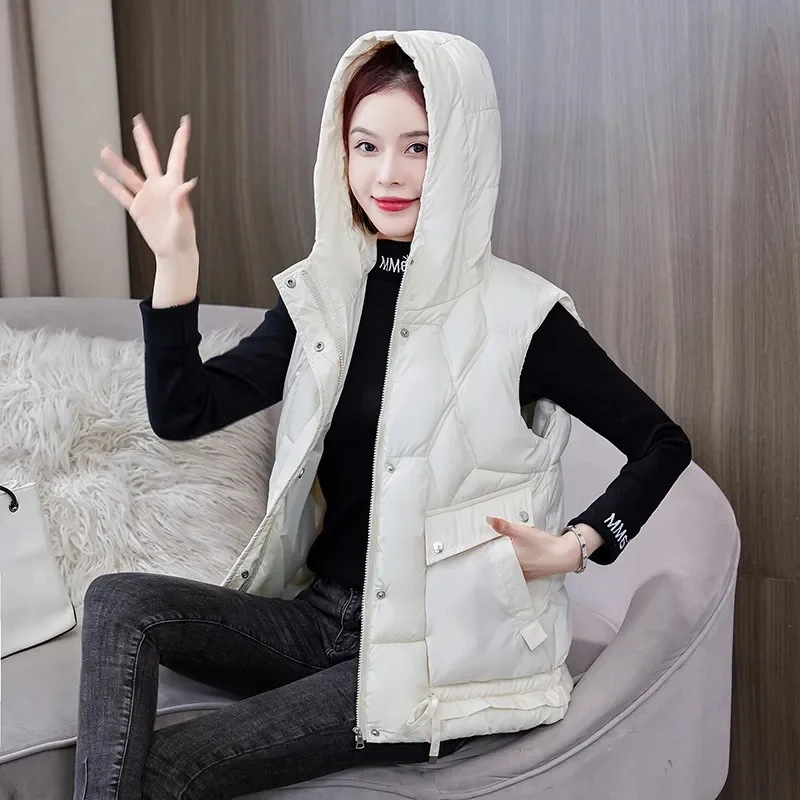 2024 New Autumn Winter Warm Waistcoat Ladies Sleeveless Hooded Down Cotton Coats Women Outerwear Casual Puffer Vest Jacket