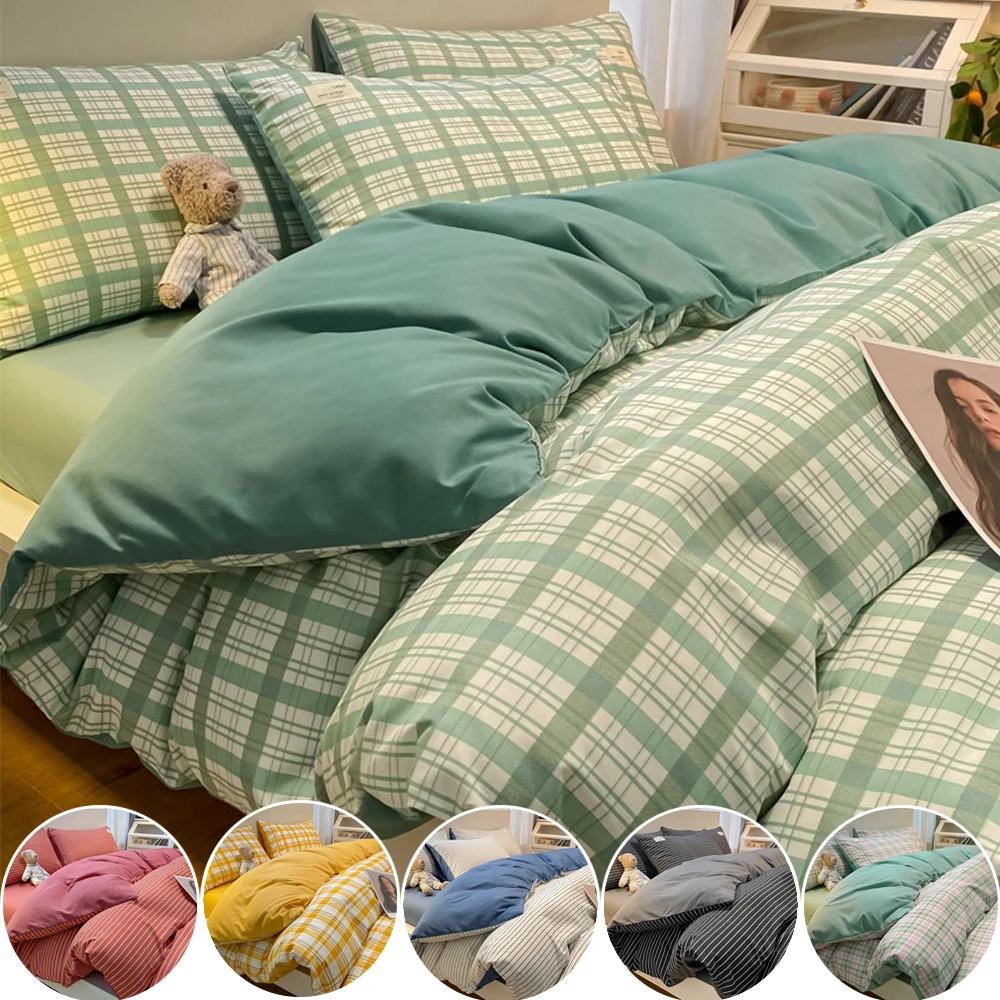 4pcs/set Solid Color Washed Cotton Four Piece Set Unprinted Brushed Duvet Cover Sheets Skin Friendly Breathable 2 Pillowcases