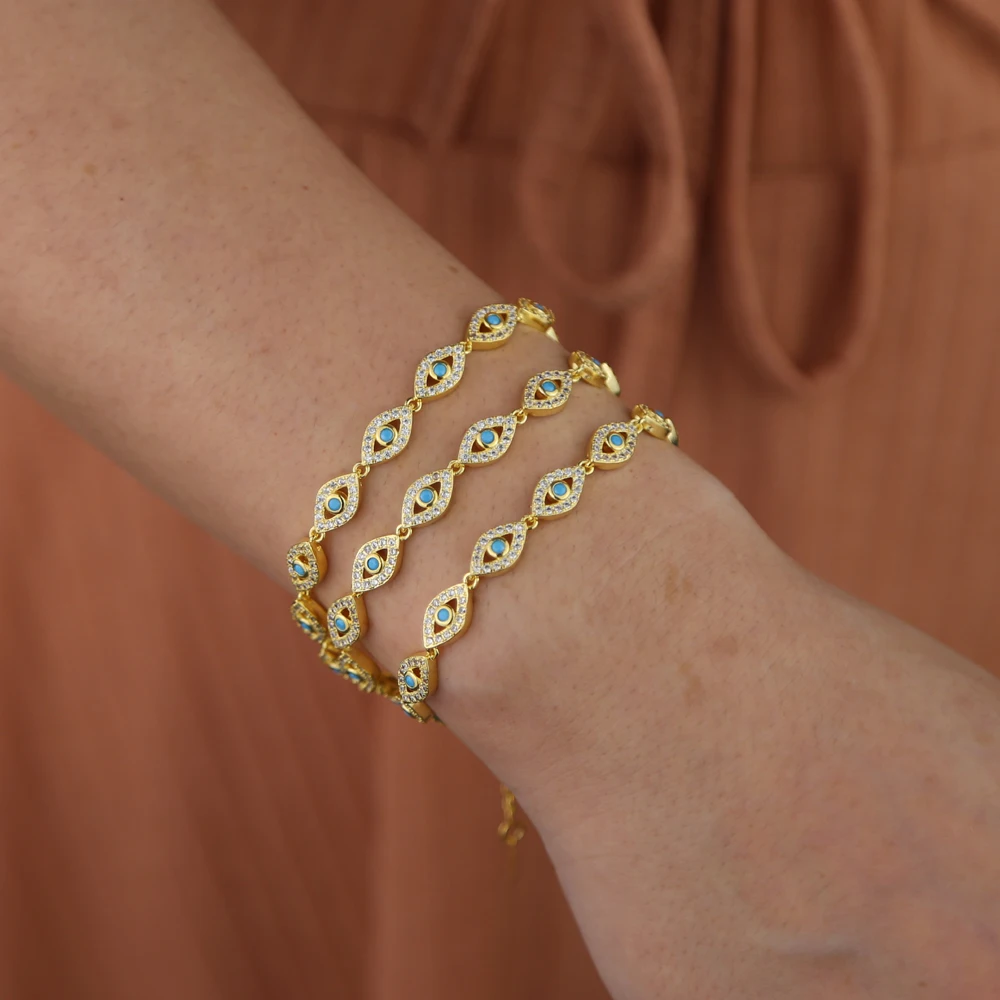 15+4cm gold color filled micro pave cz lovely turkish evil eye charm beads linked bracelet for girl women fashion jewelry