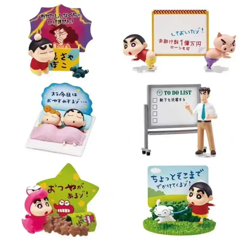 Bandai 1 pçs estilo aleatório anime lápis shin-chan placa de mensagem kawaii q versão figura pvc modelo brinquedos coletar ornamentos presentes