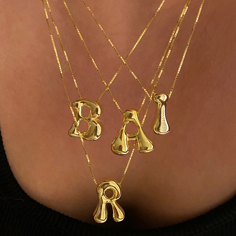 Stainless Steel Gold Plated Bubble Initial Necklace for Women Girls Chunky Letter Alphabet Balloon Neckalces Dainty Gift for Her