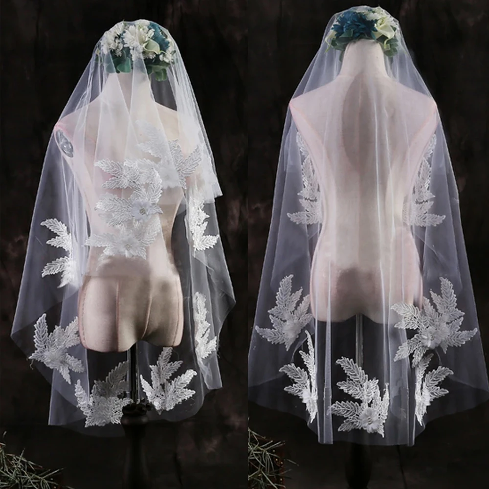 

Floral Wedding Veil Bridal Veil with Blush Tulle Fabric Lace Appliques Bridal Illusion with Comb Cover Face Customized