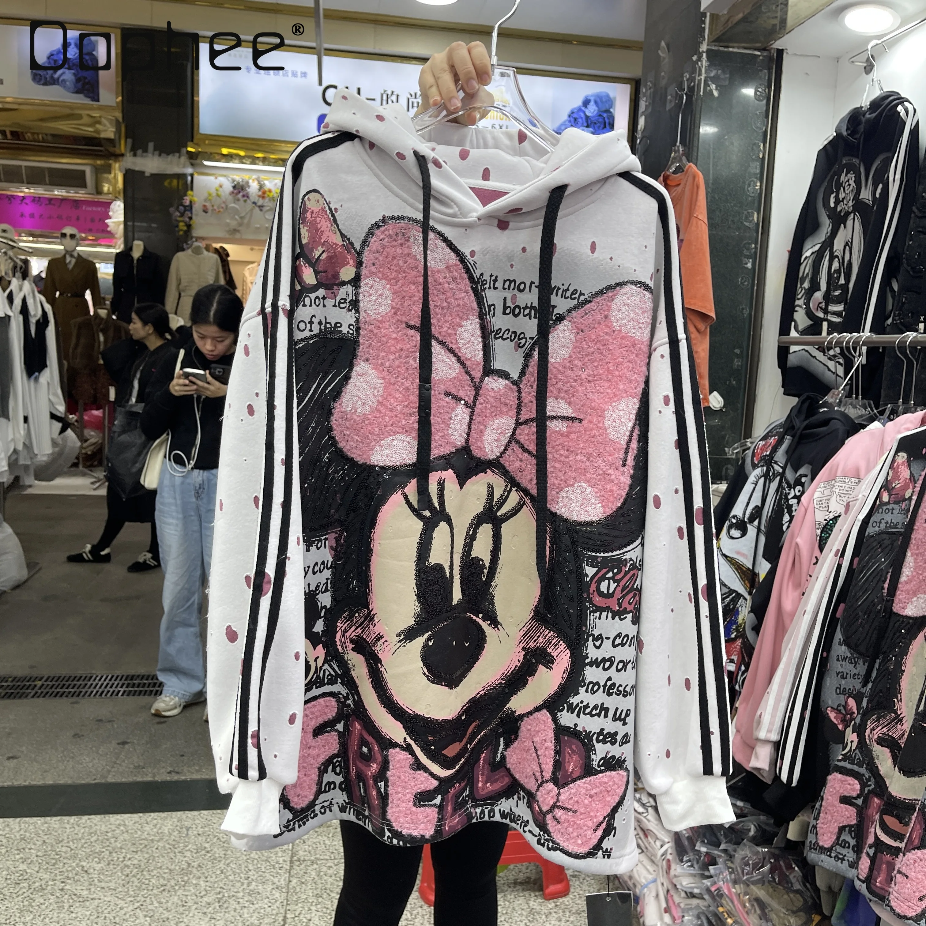 

European Style Cartoon Fleece Sweatshirt Women 2025 Winter New Thickened Warm Oversized Heavy Craft Cartoon Hooded Jacket