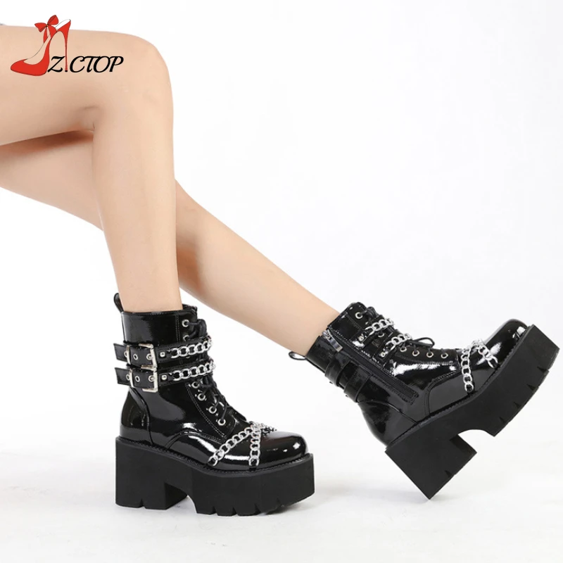 Black Platform Boots for Women Chunky High Heels Ankle Boots Lace Up Metal Chain Gothic Punk Shoes Plus Size 42 43