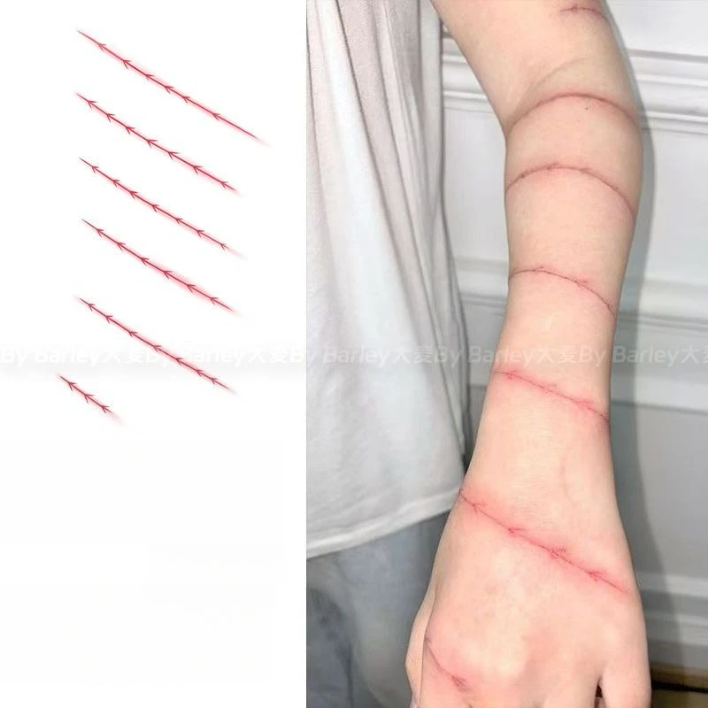 Red Scar Temporary Tattoos for Woman Man Halloween Art Suture Line Fake Tattoo Waterproof Lasting Sticker Arm Cosplay Tattoo