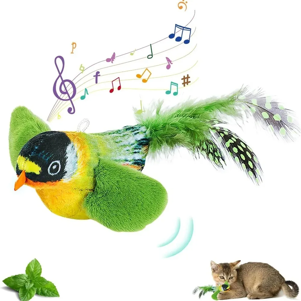 Interactive Cat Toys Electric Squeaky Simulation Bird Plush Cats Pets Teasing Toys with Feather Catnip Kitten Chirping Bird Toys