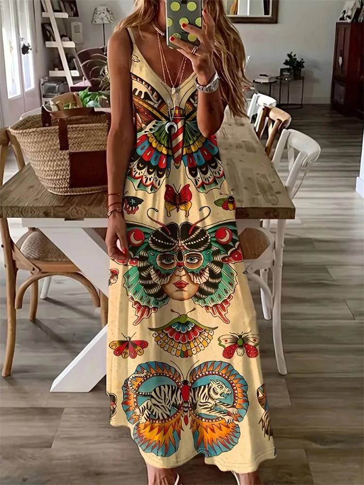 

Новое женское гавайское пляжное платье, летнее модное сексуальное длинное платье без рукавов с лямкой на шее, винтажное платье с 3D принтом бабочки, уличное фото-платье