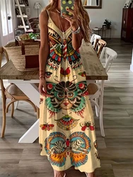 Women's New Hawaiian Beach Dress Summer Fashion Sexy Sleeveless Long Halter Dress 3D Vintage Butterfly Print Street Photo Dress